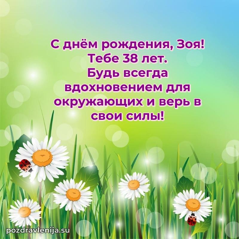 Современная открытка поздравление Зое с Днем Рождения на 38 лет